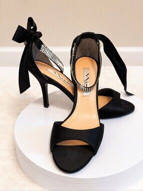 Nina Black Satin Open-Toe Stiletto with Rhinestine Ankle Ribbon. 3.5 Inch Heel.